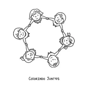 Desenho para colorir de várias meninas e meninos de mãos dadas em um círculo