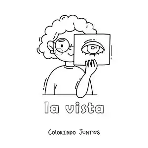 Desenho para colorir de uma menina mostrando o olho com o texto "a visão"