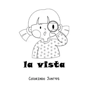 Desenho para colorir de uma menina olhando por uma lupa