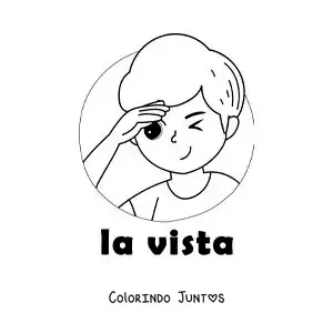 Desenho para colorir de um menino olhando para longe com o texto "a visão"