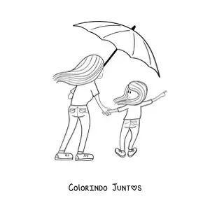Desenho para colorir de uma mãe e sua filha juntas compartilhando uma sombrinha