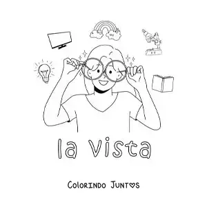 Desenho para colorir de uma menina de óculos e símbolos da visão