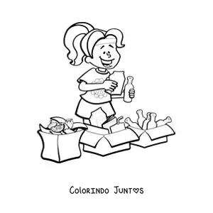 Desenho para colorir de uma menina reciclando