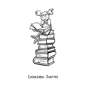 Desenho para colorir de uma menina lendo sentada sobre uma pilha de livros