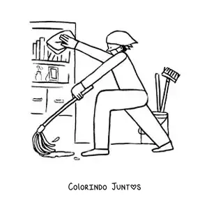 Desenho para colorir de uma pessoa limpando e passando pano em casa