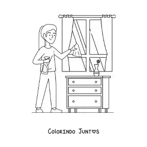 Desenho para colorir de uma garota jovem limpando as janelas de casa