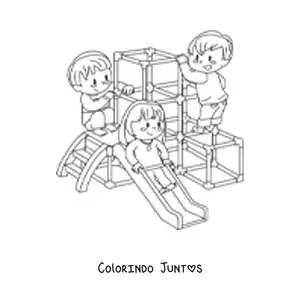 Desenho para colorir de uma menina e dois meninos brincando no parque