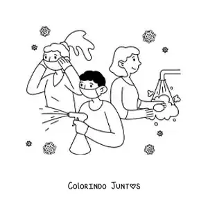 Desenho para colorir de 3 pessoas limpando e desinfetando com o coronavírus ao fundo