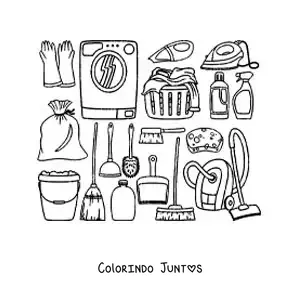 Desenho para colorir de objetos e produtos de limpeza do lar