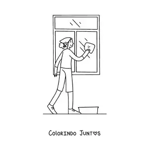 Desenho para colorir de uma garota limpando as janelas de casa