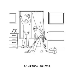 Desenho para colorir de um casal limpando a casa