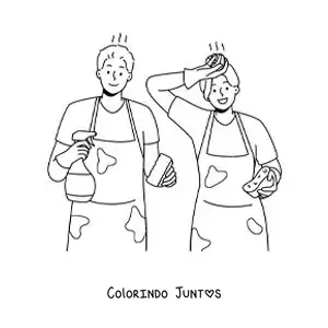 Desenho para colorir de um casal cansado de fazer as tarefas domésticas