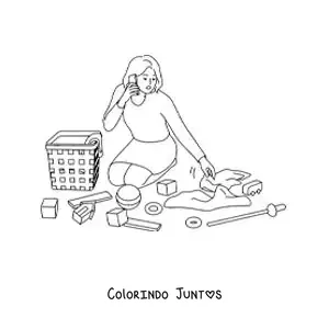 Desenho para colorir de uma mãe recolhendo os brinquedos do filho