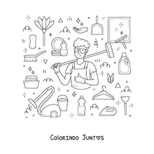 Desenho para colorir de um homem com produtos para a limpeza do lar