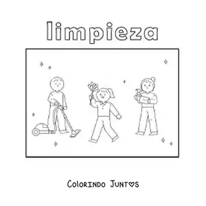 Desenho para colorir de 3 crianças ajudando a fazer as tarefas do lar