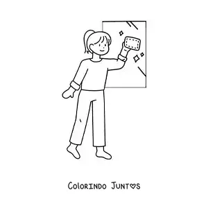 Desenho para colorir de uma menina limpando janelas em casa