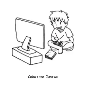 Desenho para colorir de um menino sentado jogando videogame