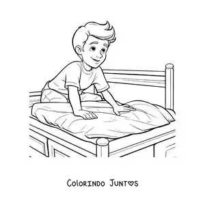 Desenho para colorir de um menino arrumando a cama ao acordar