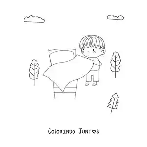 Desenho para colorir de uma menina arrumando a cama de manhã