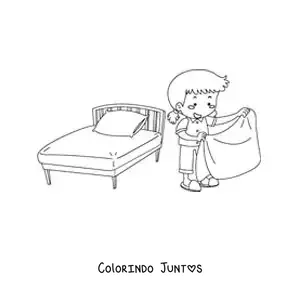 Desenho para colorir de uma menina arrumando a cama ao acordar