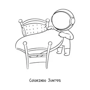 Desenho para colorir de um astronauta animado arrumando a cama