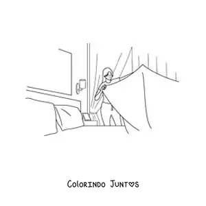 Desenho para colorir de uma mulher arrumando a cama no quarto