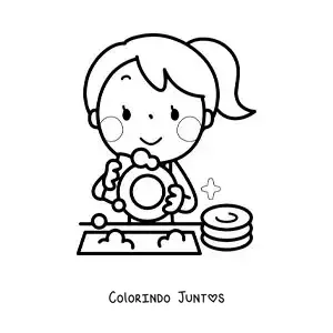 Desenho para colorir de uma menina kawaii lavando a louça
