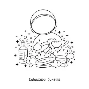 Desenho para colorir de um astronauta animado lavando a louça