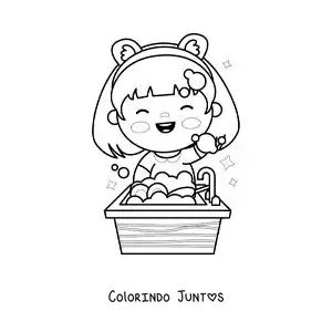 Desenho para colorir de uma menina kawaii lavando a louça na pia