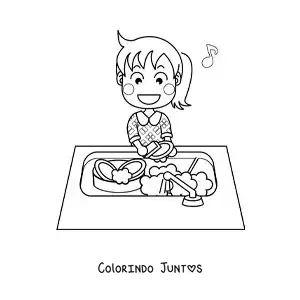 Desenho para colorir de uma menina cantando enquanto lava a louça na pia