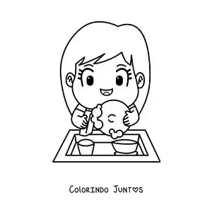 Desenho para colorir de uma menina animada lavando louça