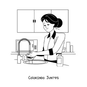 Desenho para colorir de uma mãe lavando louça na cozinha