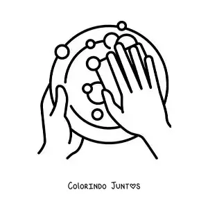 Desenho para colorir de um par de mãos lavando louça com uma esponja