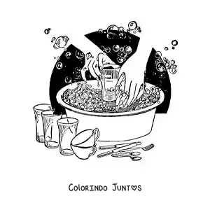 Desenho para colorir de um par de mãos lavando louça numa bacia