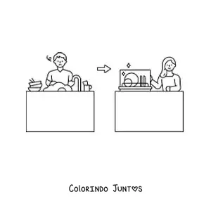 Desenho para colorir de um homem lavando louça vs uma mulher colocando a louça na máquina de lavar louça