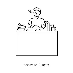 Desenho para colorir de um homem lavando louça na pia