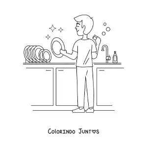 Desenho para colorir de um pai lavando louça na cozinha