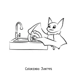 Desenho para colorir de um morcego lavando a louça na pia