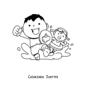 Desenho para colorir de duas crianças correndo para nadar na piscina