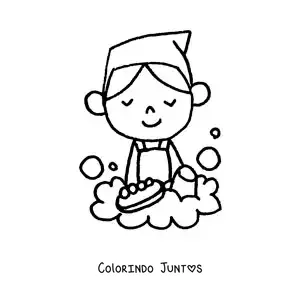 Desenho para colorir de um menino lavando louça com uma esponja