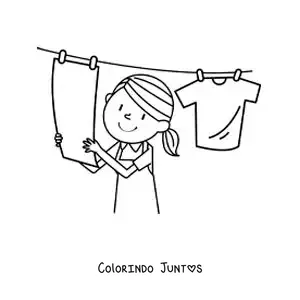 Desenho para colorir de uma menina pendurando a roupa limpa no varal