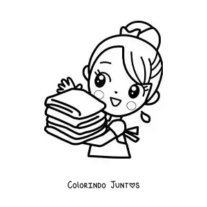 Desenho para colorir de uma menina kawaii carregando roupa limpa dobrada