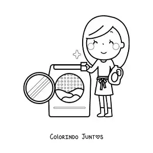 Desenho para colorir de uma mãe animada lavando roupa na máquina de lavar