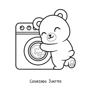 Desenho para colorir de um urso animado lavando roupa na máquina de lavar