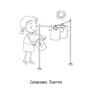 Desenho para colorir de uma menina animada secando a roupa ao sol no varal