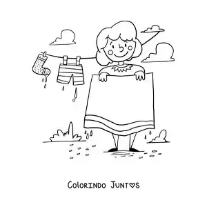 Desenho para colorir de uma mãe pendurando a roupa lavada no varal