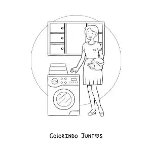 Desenho para colorir de uma dona de casa lavando roupa na máquina de lavar