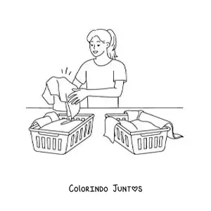 Desenho para colorir de uma menina separando a roupa por cores para lavar