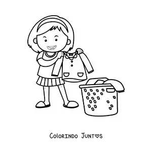 Desenho para colorir de uma menina recolhendo a roupa lavada num cesto