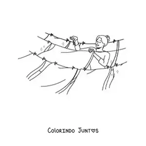 Desenho para colorir de uma mulher pendurando a roupa num varal